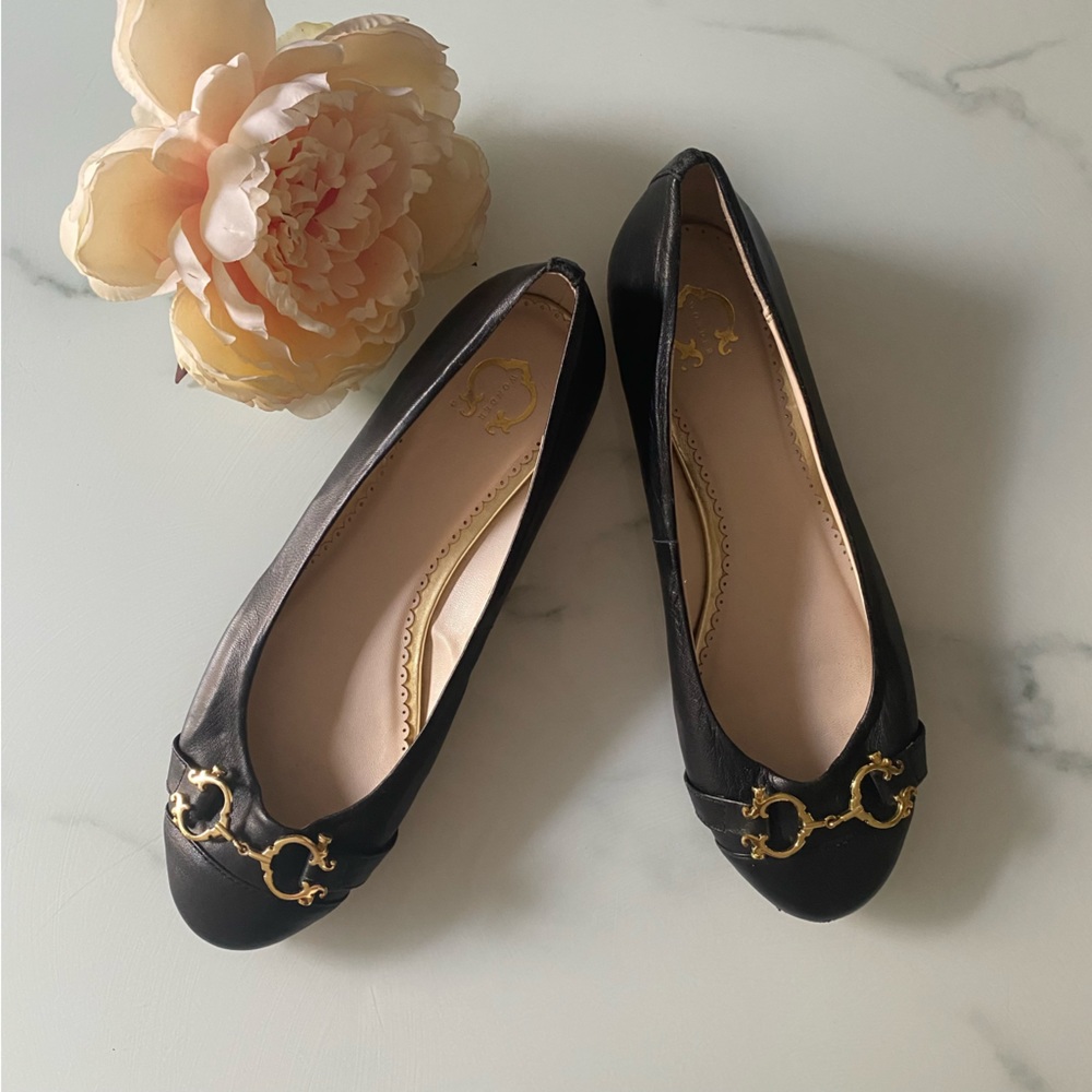 C. wonder leather ballet flats with gold hardware
